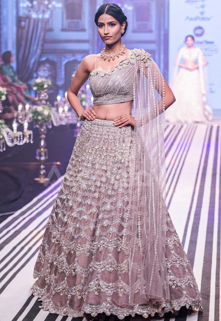 One Shoulder Crop top Lehenga with attached dupatta